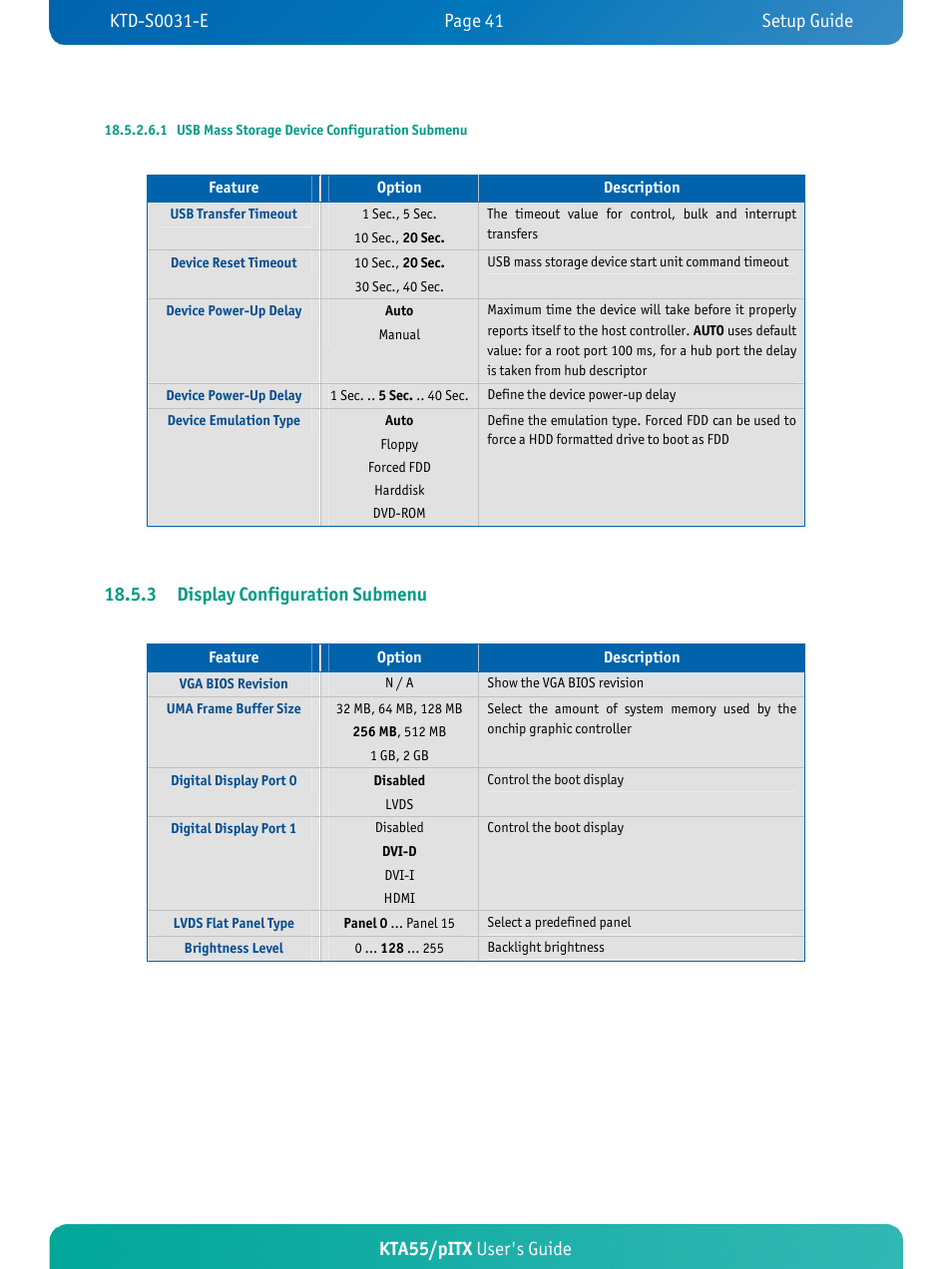 Kta55/pitx user's guide, 3 display configuration submenu | Kontron KTA55-pITX User Manual | Page 45 / 67