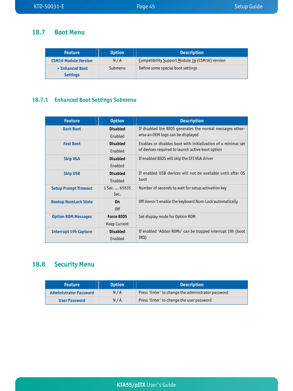 7 boot menu, 8 security menu, Kta55/pitx user's guide | 1 enhanced boot settings submenu | Kontron KTA55-pITX User Manual | Page 49 / 67