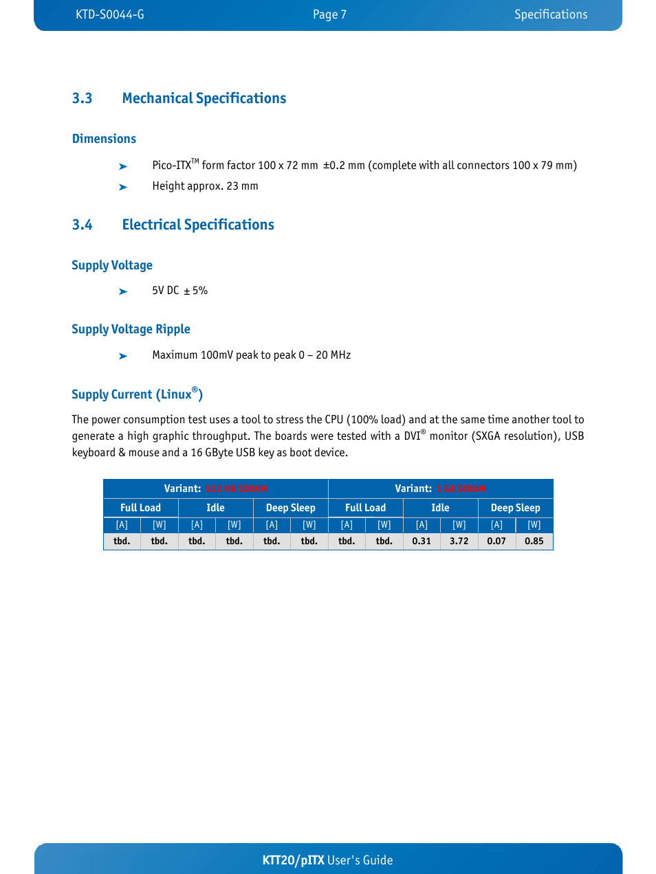 3 mechanical specifications, 4 electrical specifications, Ktt20/pitx user's guide | Dimensions, Supply voltage, Supply voltage ripple, Supply current (linux | Kontron KTT20-pITX User Manual | Page 11 / 52