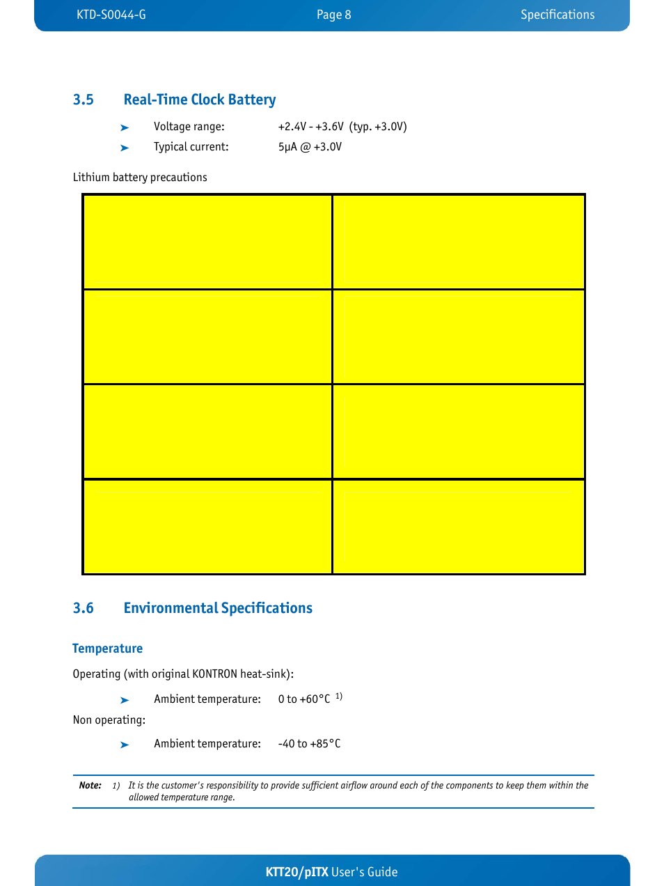 5 real-time clock battery, 6 environmental specifications, Ktt20/pitx user's guide | Temperature | Kontron KTT20-pITX User Manual | Page 12 / 52