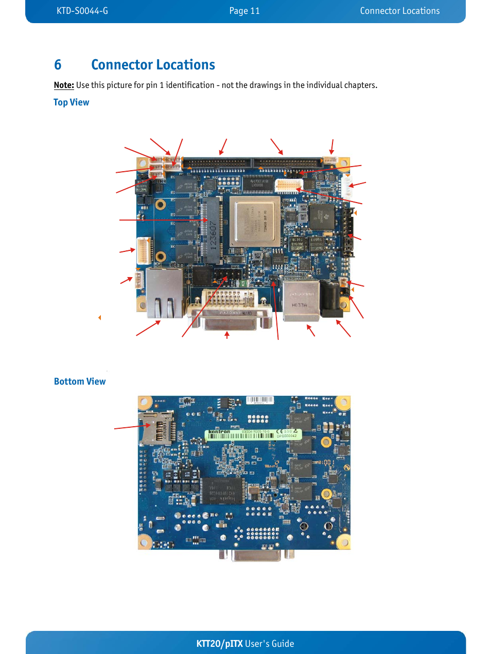 6connector locations, Ktt20/pitx user's guide, Top view | Bottom view | Kontron KTT20-pITX User Manual | Page 15 / 52