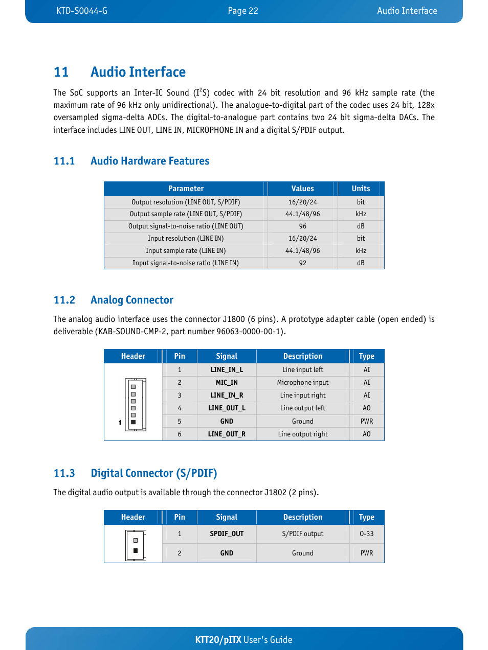 11 audio interface, 1 audio hardware features, 2 analog connector | 3 digital connector (s/pdif), Ktt20/pitx user's guide | Kontron KTT20-pITX User Manual | Page 26 / 52