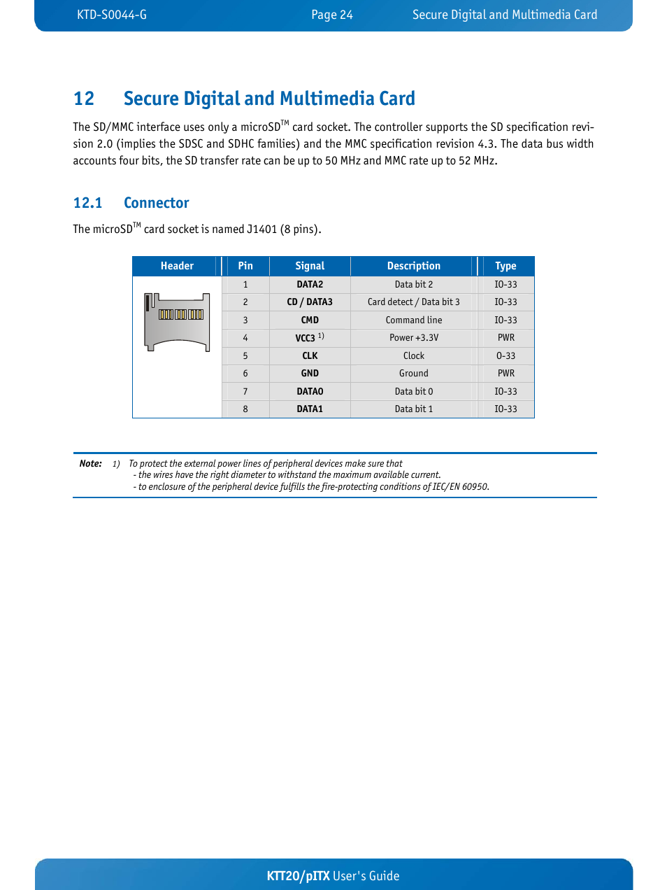 12 secure digital and multimedia card, 1 connector, Ktt20/pitx user's guide | Kontron KTT20-pITX User Manual | Page 28 / 52