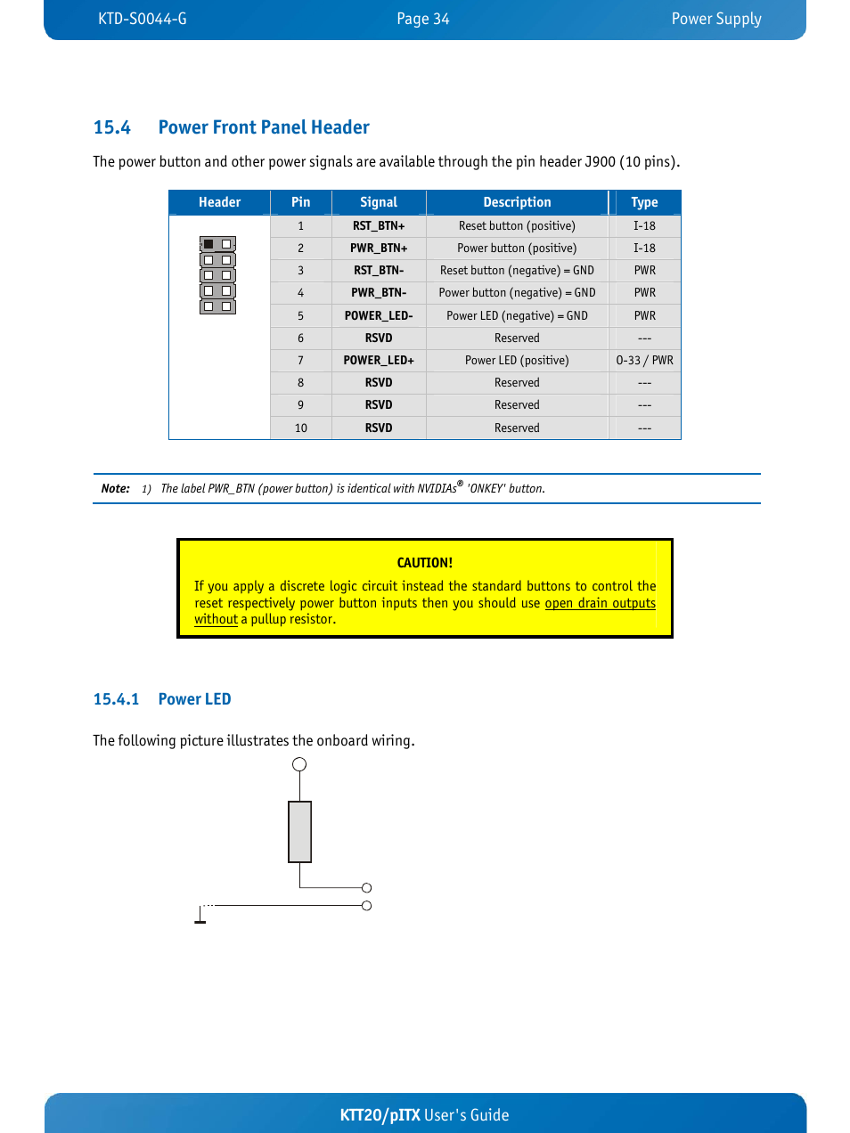 4 power front panel header, Ktt20/pitx user's guide, 1 power led | Kontron KTT20-pITX User Manual | Page 38 / 52
