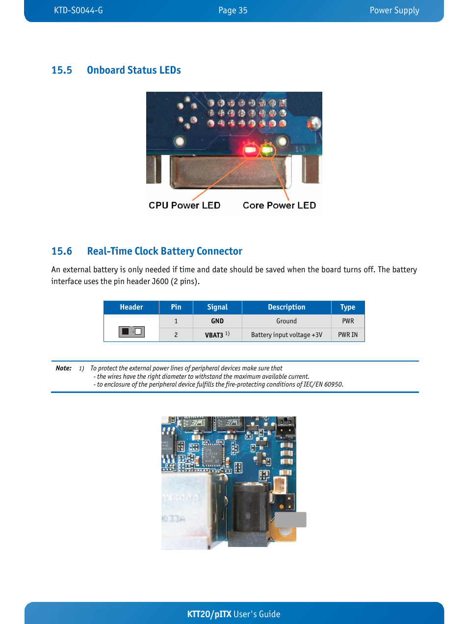 5 onboard status leds, 6 real-time clock battery connector, Ktt20/pitx user's guide | Kontron KTT20-pITX User Manual | Page 39 / 52