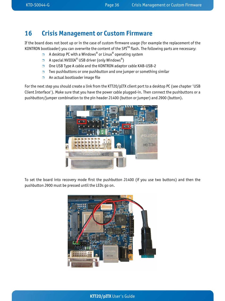16 crisis management or custom firmware, Ktt20/pitx user's guide | Kontron KTT20-pITX User Manual | Page 40 / 52