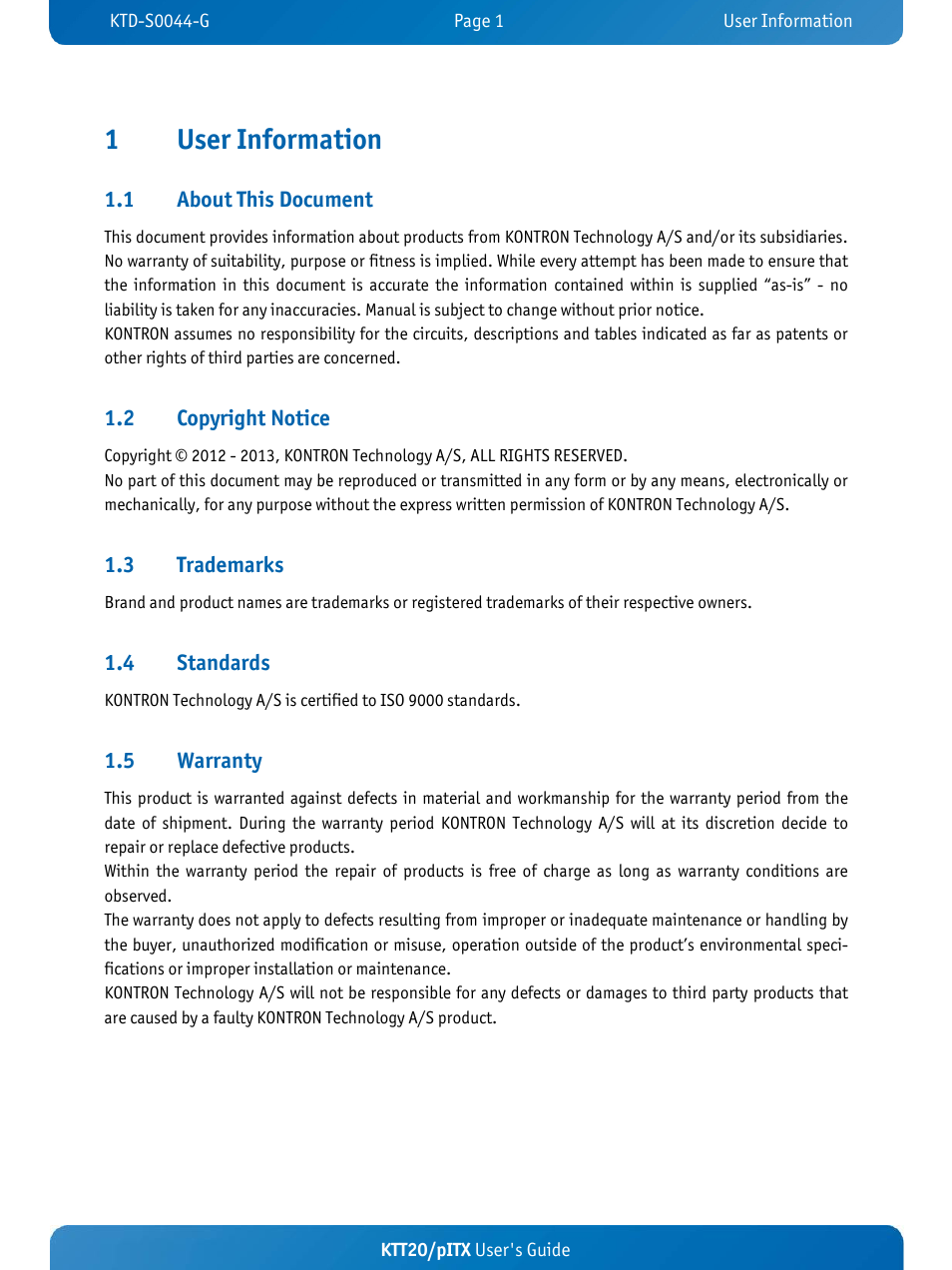 1user information | Kontron KTT20-pITX User Manual | Page 5 / 52