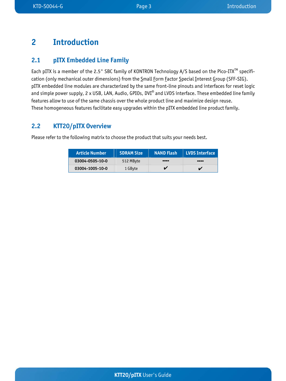 2introduction, 1 pitx embedded line family, 2 ktt20/pitx overview | Kontron KTT20-pITX User Manual | Page 7 / 52