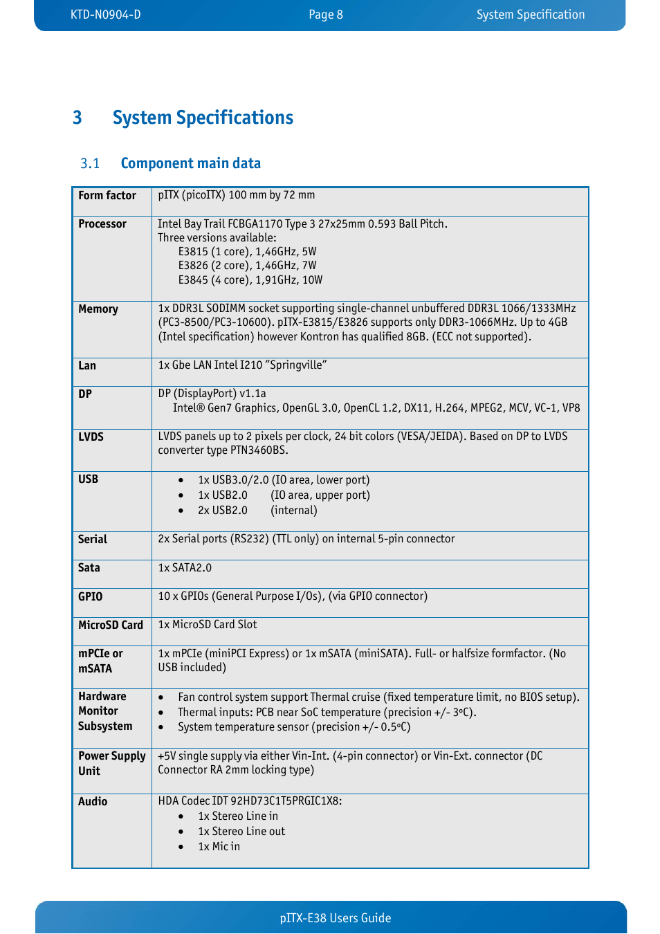 3 system specifications, 1 component main data, System specifications | Component main data, 3system specifications, Component main data 3.1 | Kontron pITX-E38 User Manual | Page 10 / 61