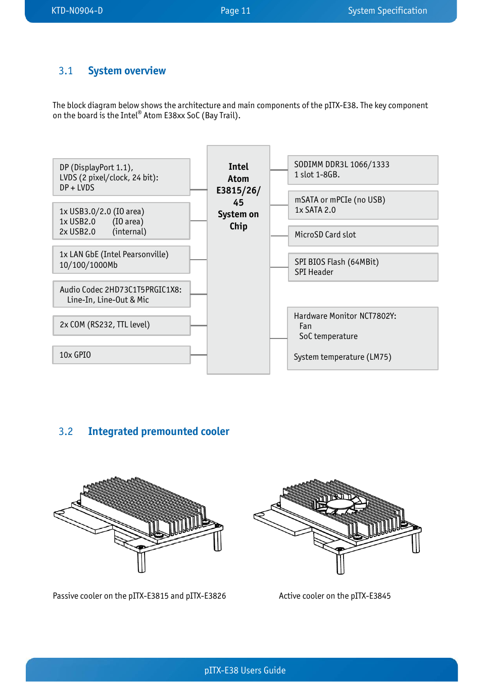 1 system overview, 2 integrated premounted cooler, System overview | Integrated premounted cooler, System overview 3.1, Integrated premounted cooler 3.2 | Kontron pITX-E38 User Manual | Page 13 / 61