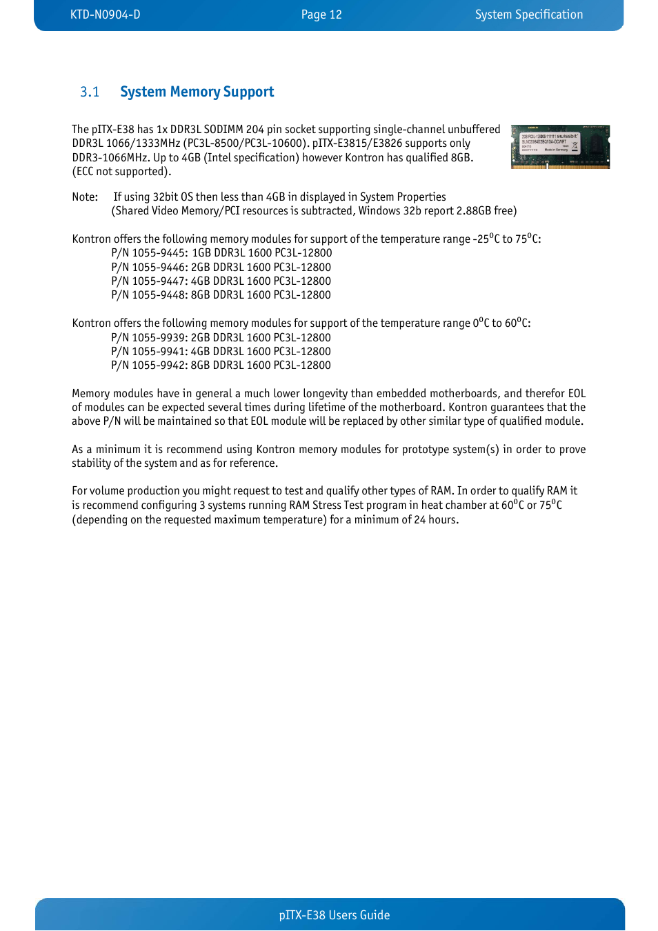 1 system memory support, System memory support | Kontron pITX-E38 User Manual | Page 14 / 61