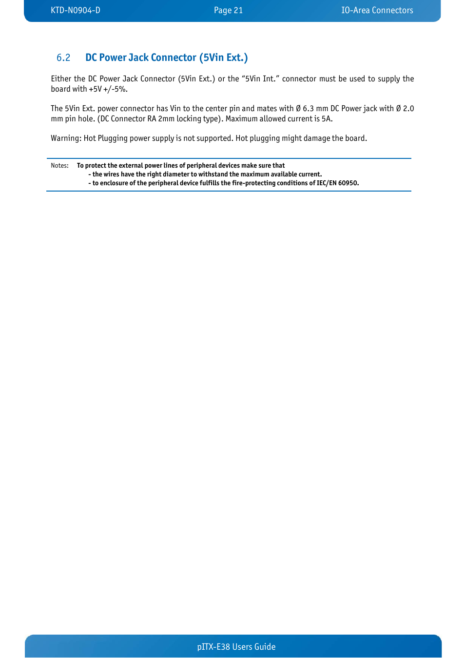 2 dc power jack connector (5vin ext.), Dc power jack connector (5vin ext.), Dc power jack connector (5vin ext.) 6.2 | Kontron pITX-E38 User Manual | Page 23 / 61