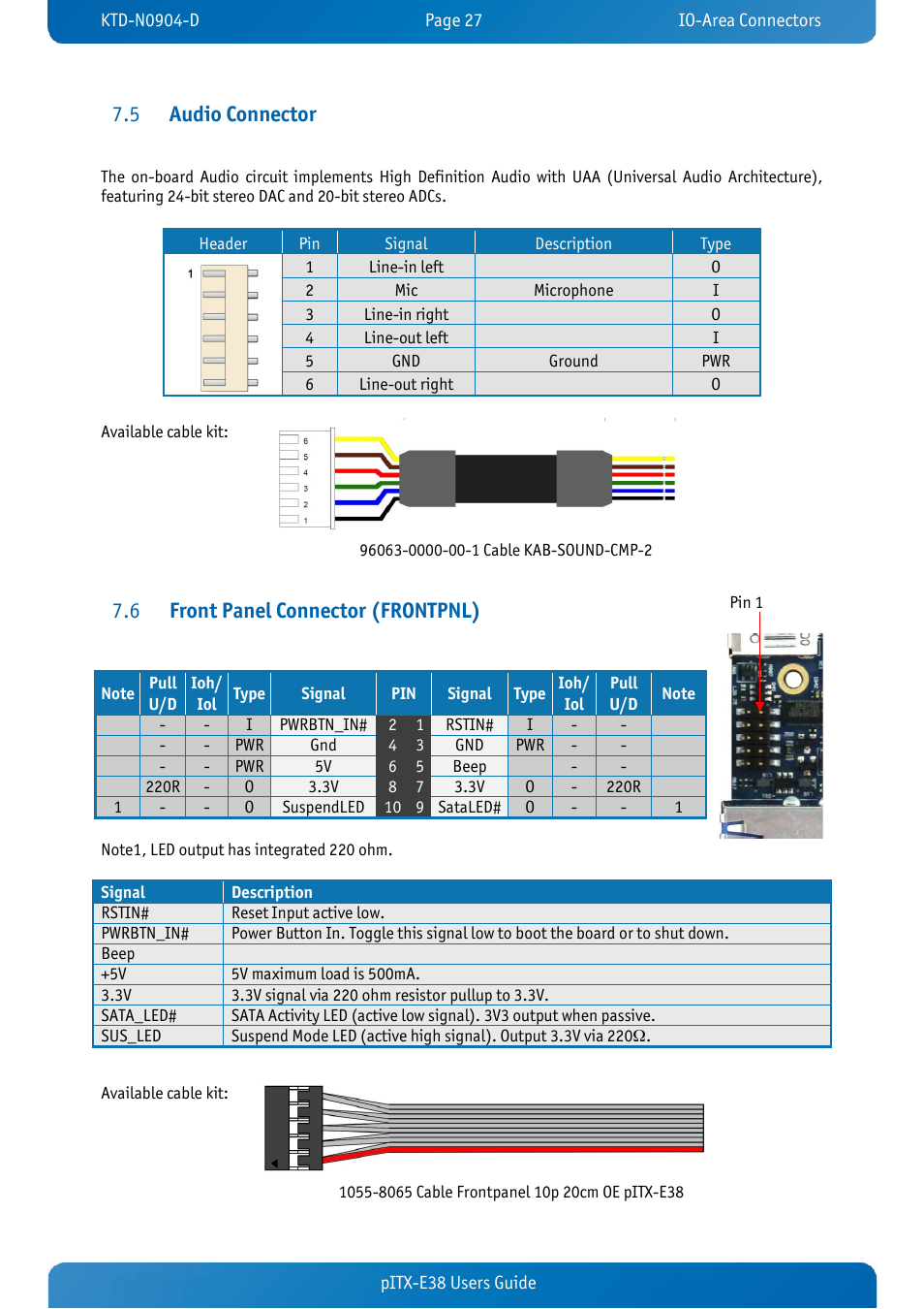 5 audio connector, 6 front panel connector (frontpnl), Audio connector | Front panel connector (frontpnl), Audio connector 7.5, Front panel connector (frontpnl) 7.6 | Kontron pITX-E38 User Manual | Page 29 / 61