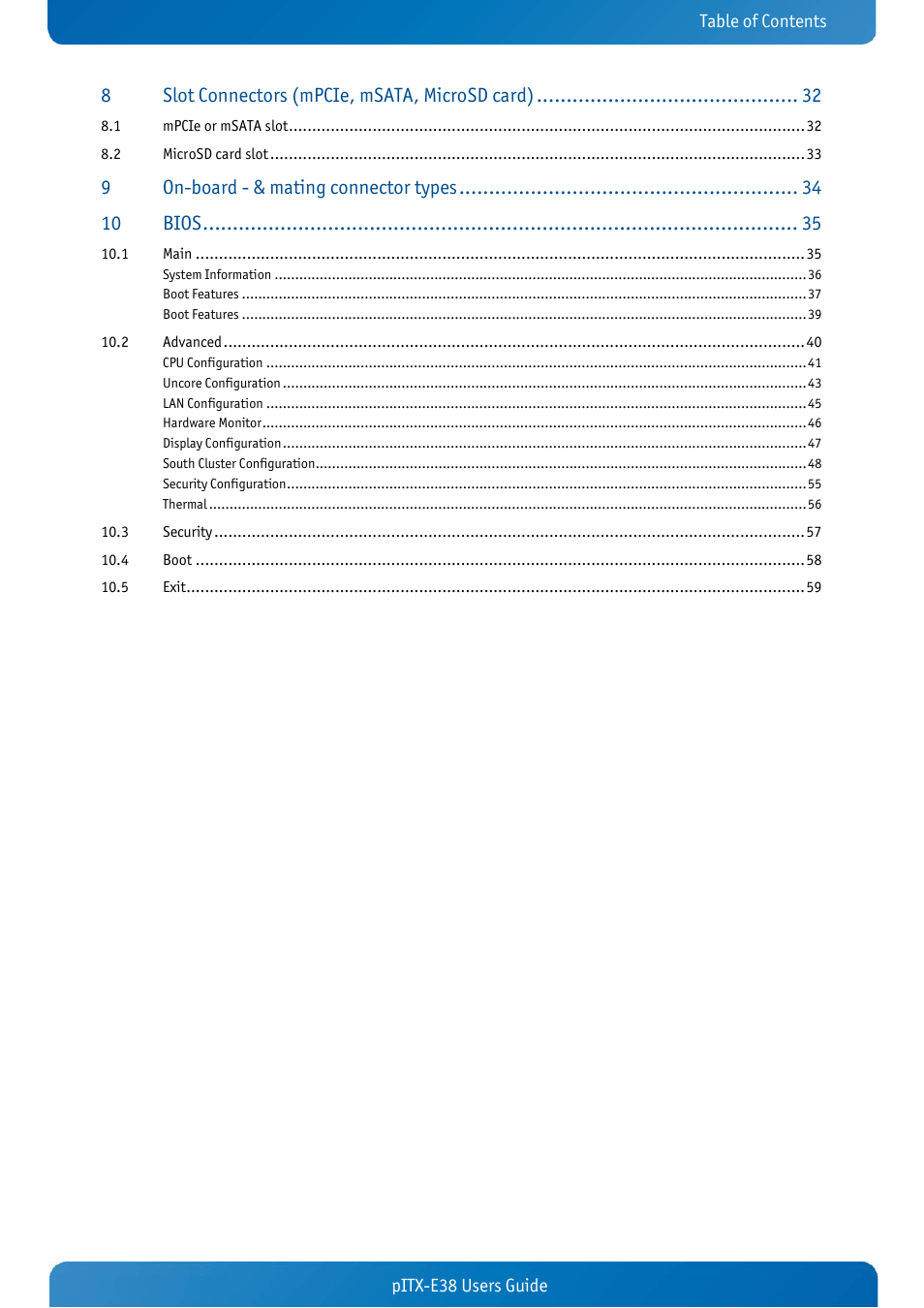 Slot connectors (mpcie, msata, microsd card), On-board - & mating connector types, Bios | Kontron pITX-E38 User Manual | Page 3 / 61