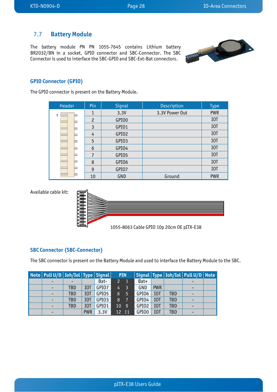 7 battery module, Gpio connector (gpio), Sbc connector (sbc-connector) | Battery module, Battery module 7.7 | Kontron pITX-E38 User Manual | Page 30 / 61