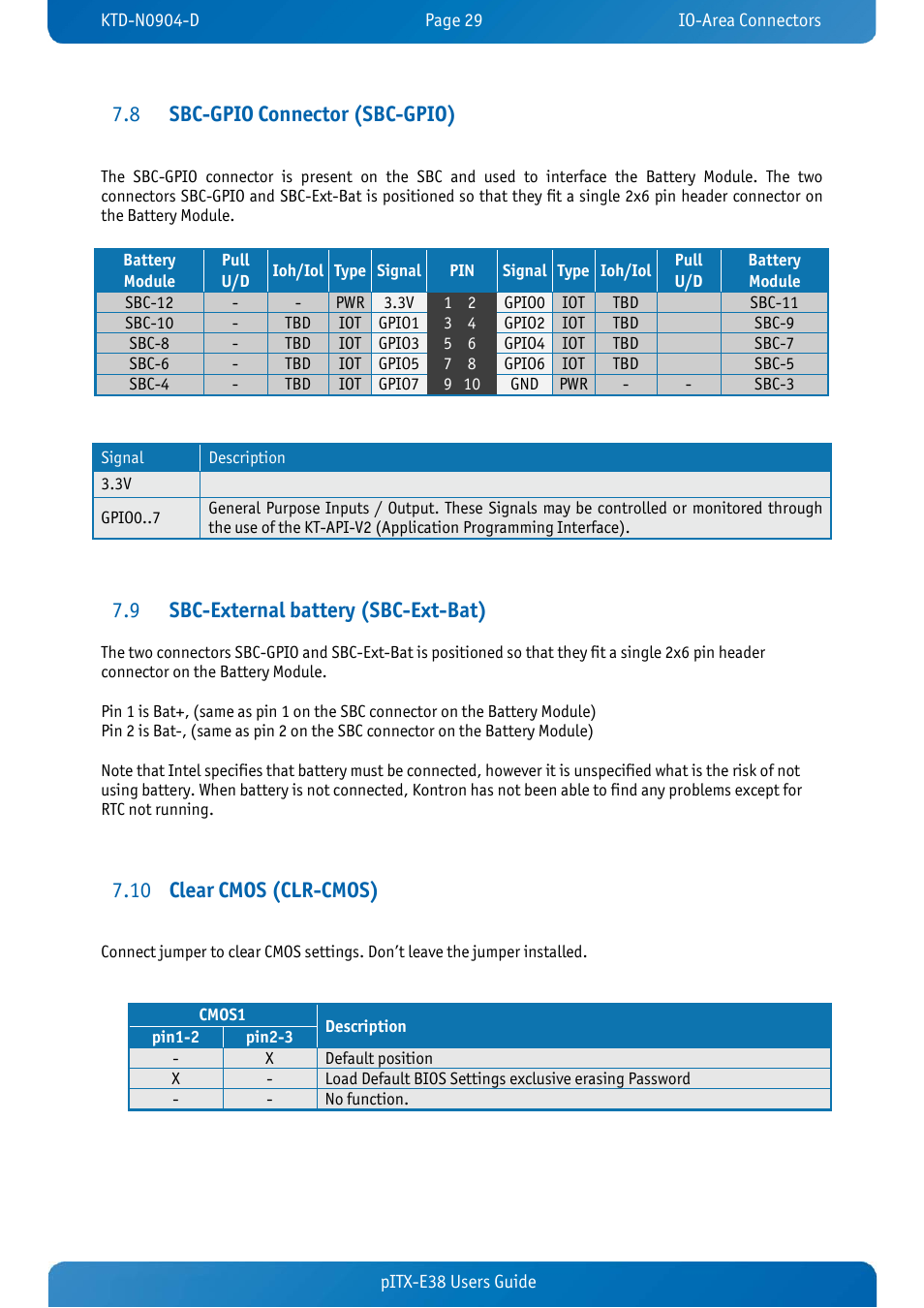 8 sbc-gpio connector (sbc-gpio), 9 sbc-external battery (sbc-ext-bat), 10 clear cmos (clr-cmos) | Sbc-gpio connector (sbc-gpio), Sbc-external battery (sbc-ext-bat), Clear cmos (clr-cmos), Sbc-gpio connector (sbc-gpio) 7.8, Sbc-external battery (sbc-ext-bat) 7.9, Clear cmos (clr-cmos) 7.10 | Kontron pITX-E38 User Manual | Page 31 / 61