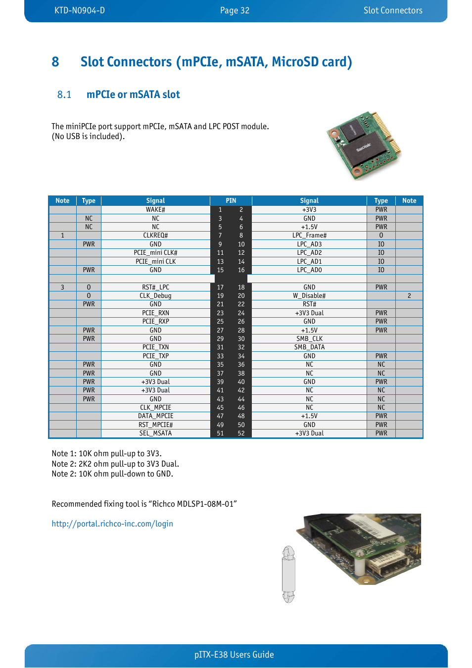 8 slot connectors (mpcie, msata, microsd card), 1 mpcie or msata slot, Slot connectors (mpcie, msata, microsd card) | Mpcie or msata slot, 8slot connectors (mpcie, msata, microsd card), Mpcie or msata slot 8.1, Pitx-e38 users guide | Kontron pITX-E38 User Manual | Page 34 / 61