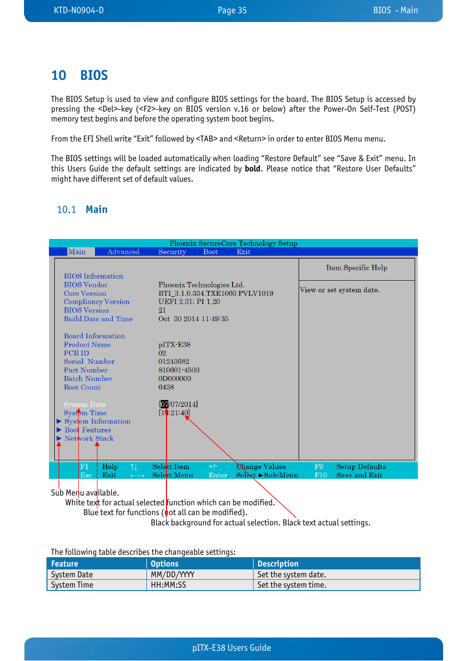 10 bios, 1 main, Bios | Main, Main 10.1, Pitx-e38 users guide | Kontron pITX-E38 User Manual | Page 37 / 61