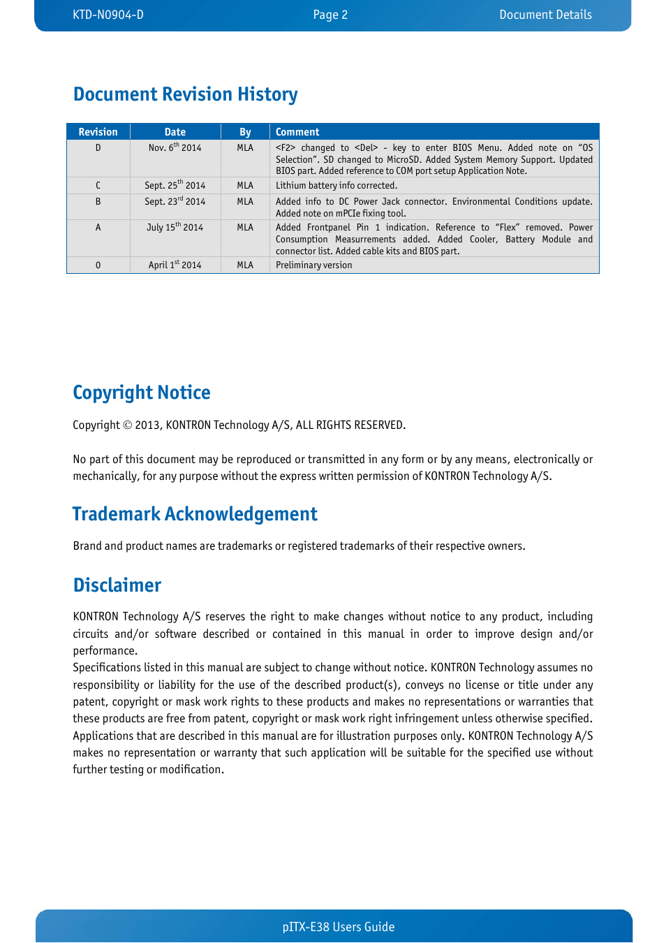 Document revision history, Copyright notice, Trademark acknowledgement | Disclaimer, Pitx-e38 users guide | Kontron pITX-E38 User Manual | Page 4 / 61