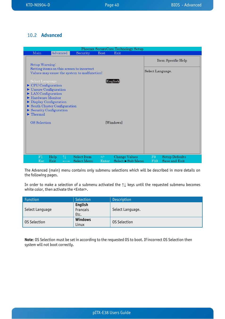 2 advanced, Advanced, Advanced 10.2 | Pitx-e38 users guide | Kontron pITX-E38 User Manual | Page 42 / 61