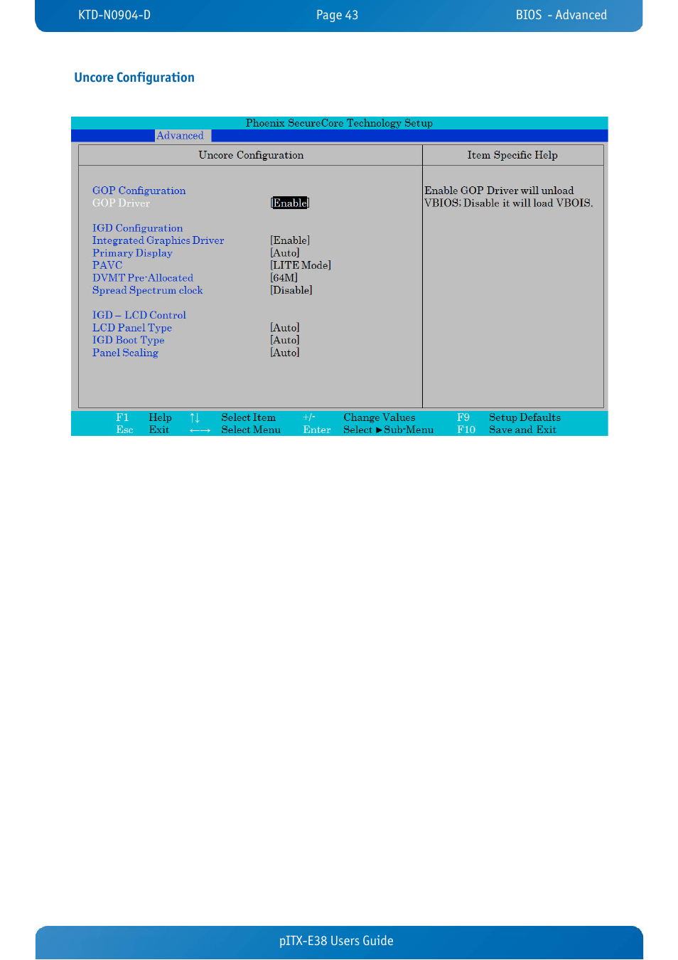 Uncore configuration, Pitx-e38 users guide uncore configuration | Kontron pITX-E38 User Manual | Page 45 / 61