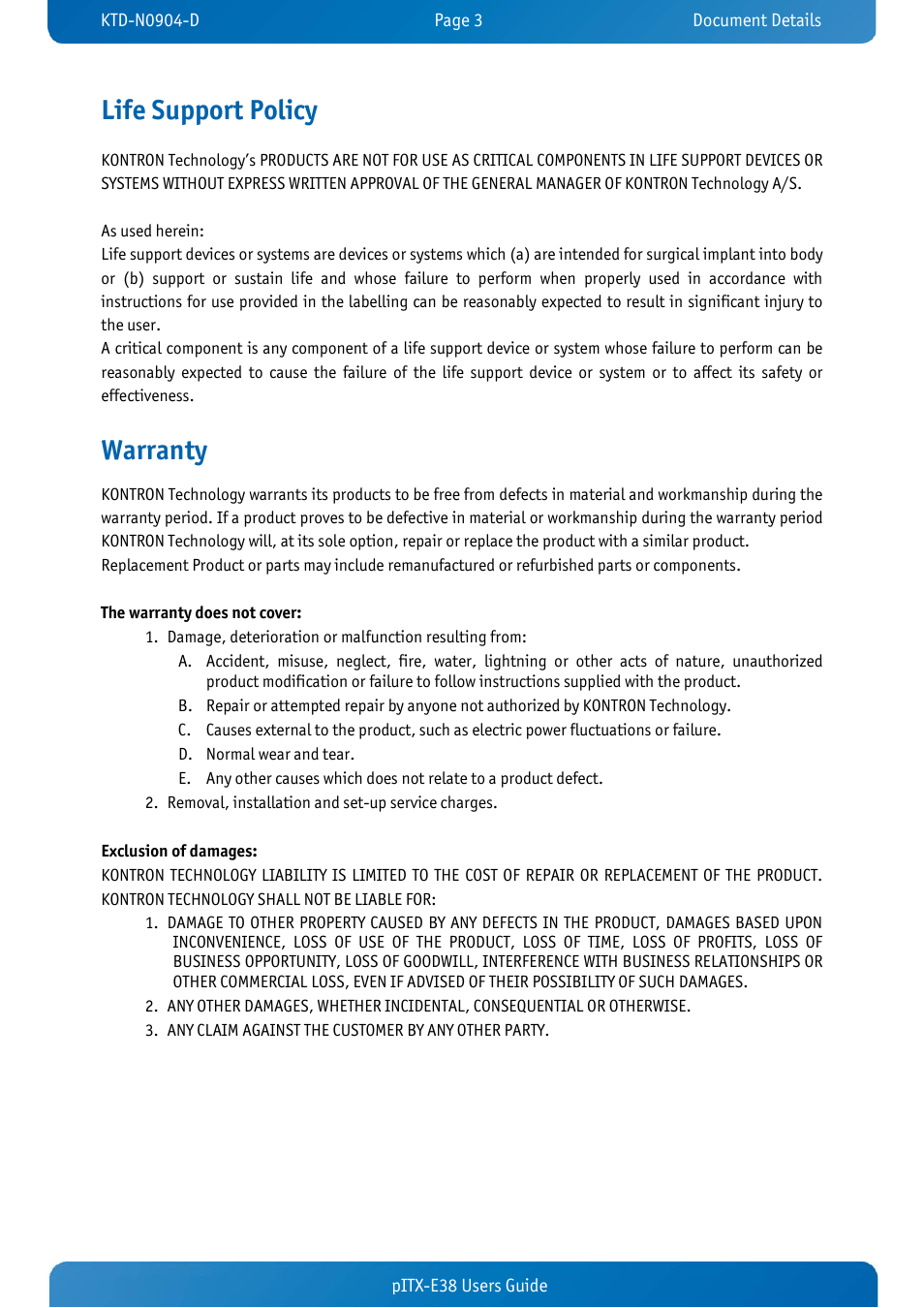Life support policy, Warranty | Kontron pITX-E38 User Manual | Page 5 / 61