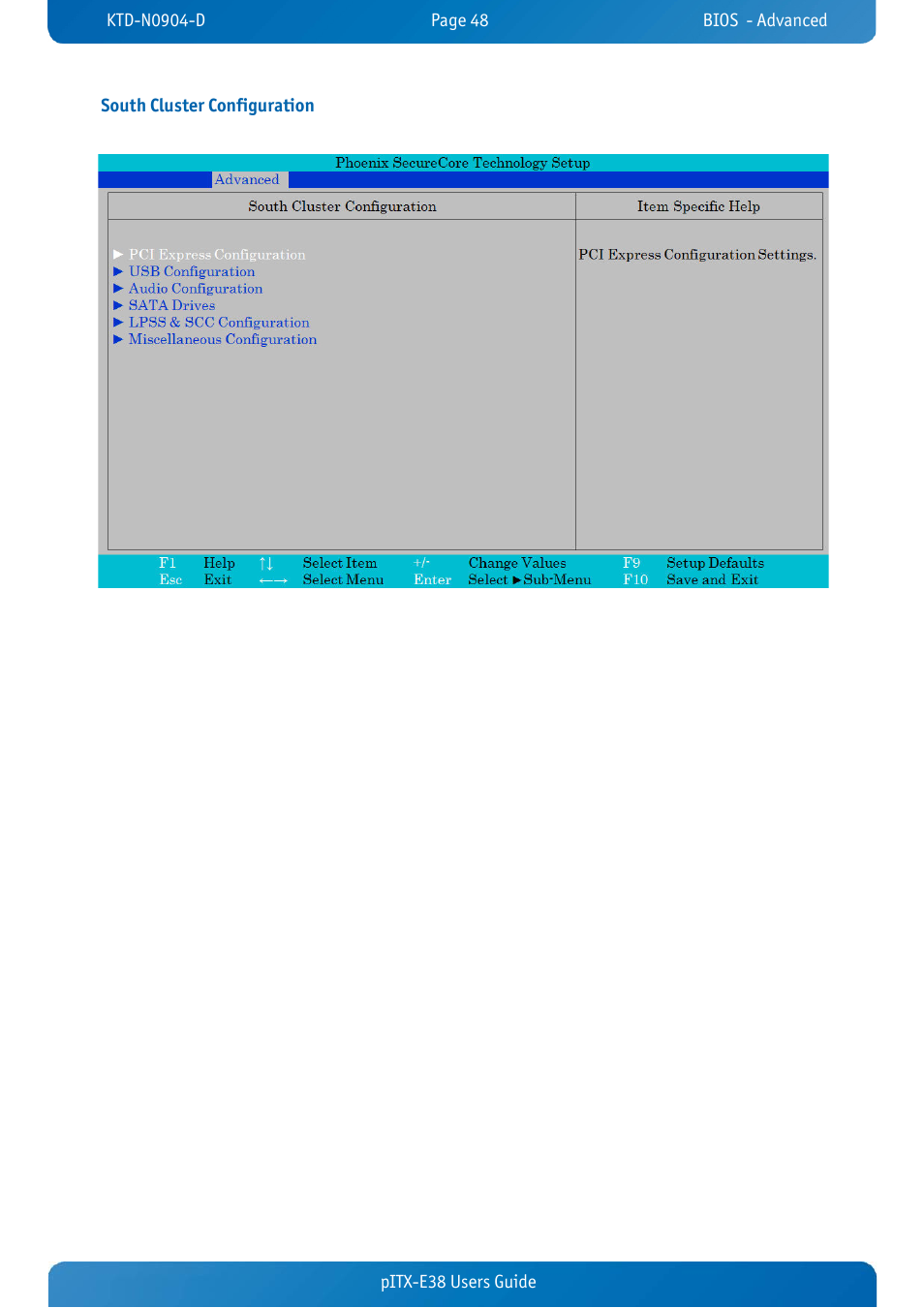South cluster configuration, Pitx-e38 users guide south cluster configuration | Kontron pITX-E38 User Manual | Page 50 / 61