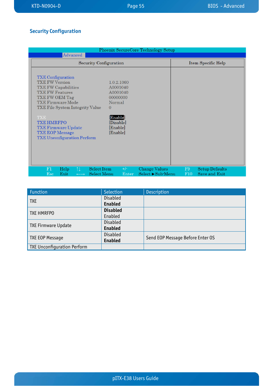 Security configuration, Pitx-e38 users guide security configuration | Kontron pITX-E38 User Manual | Page 57 / 61