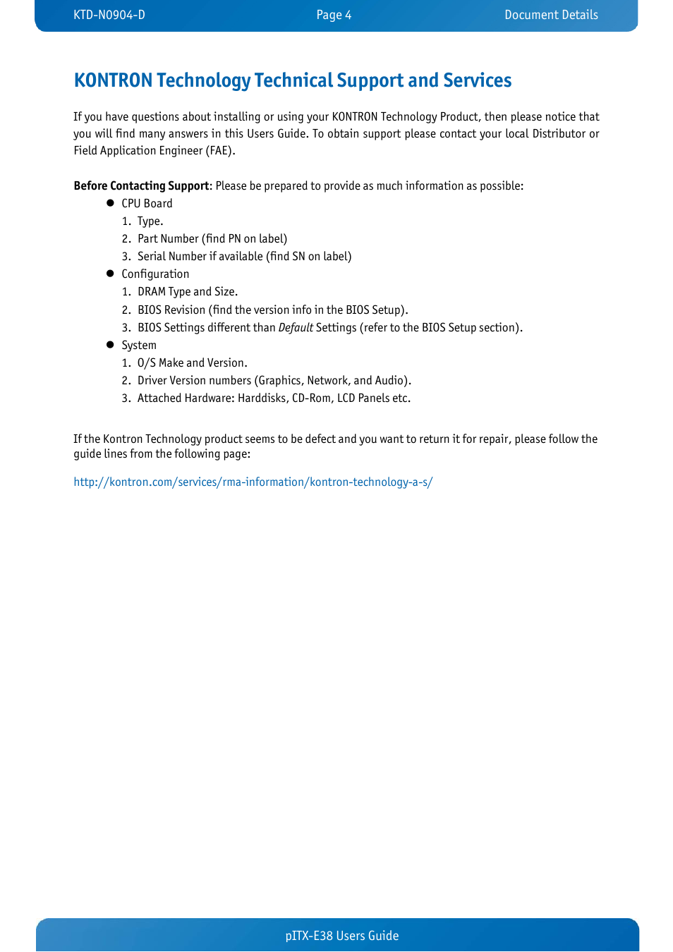 Kontron technology technical support and services | Kontron pITX-E38 User Manual | Page 6 / 61