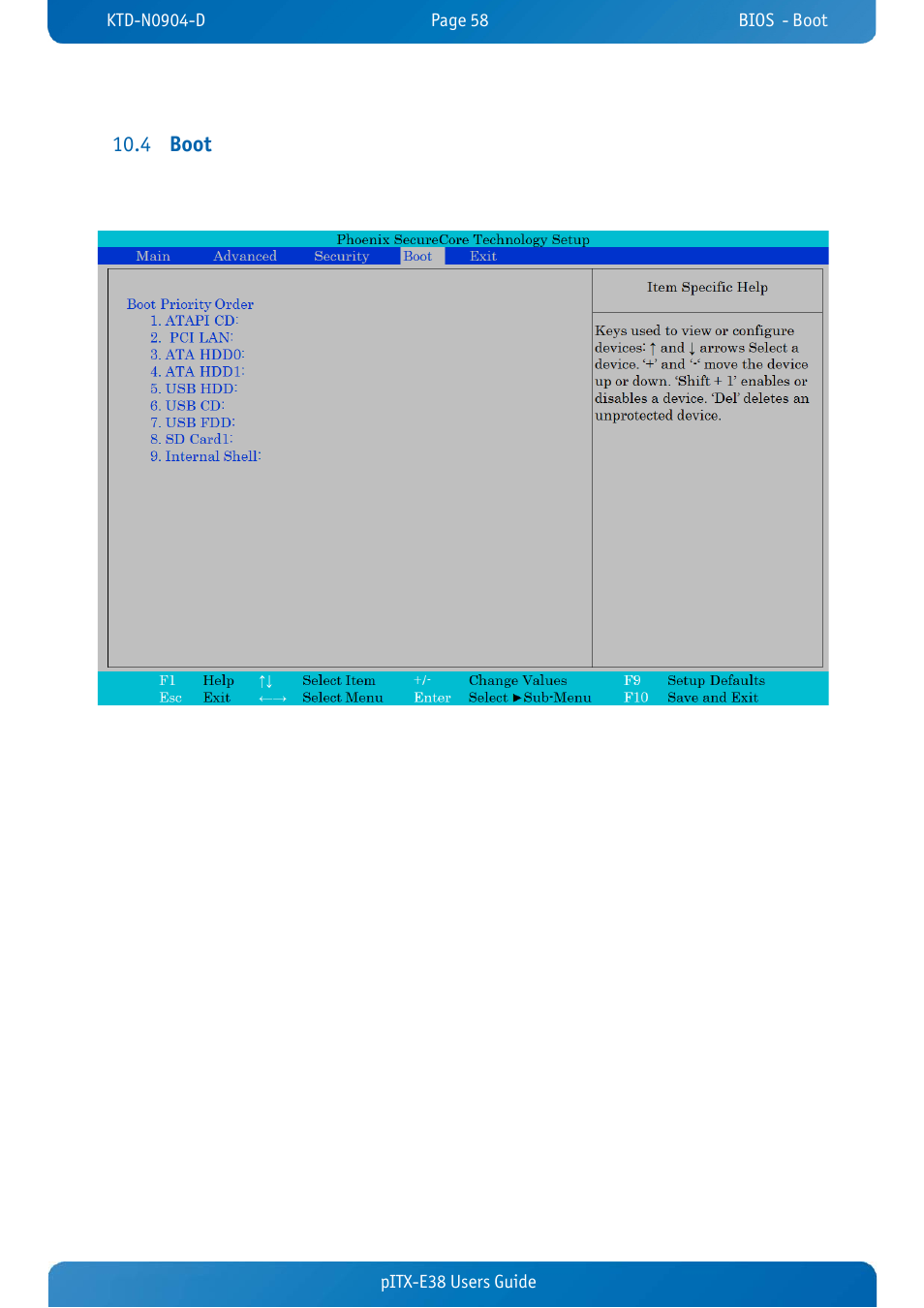 4 boot, Boot, Boot 10.4 | Pitx-e38 users guide | Kontron pITX-E38 User Manual | Page 60 / 61