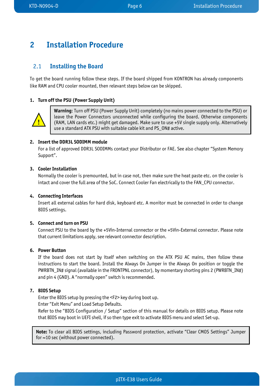 2 installation procedure, 1 installing the board, Installation procedure | Installing the board, 2installation procedure, Installing the board 2.1 | Kontron pITX-E38 User Manual | Page 8 / 61