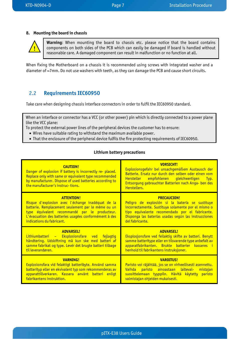 2 requirements iec60950, Requirements iec60950 | Kontron pITX-E38 User Manual | Page 9 / 61