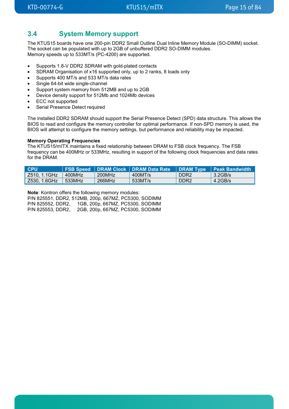 4 system memory support, System memory support | Kontron KTUS15-mITX - 1.1 Basic User Manual | Page 15 / 84