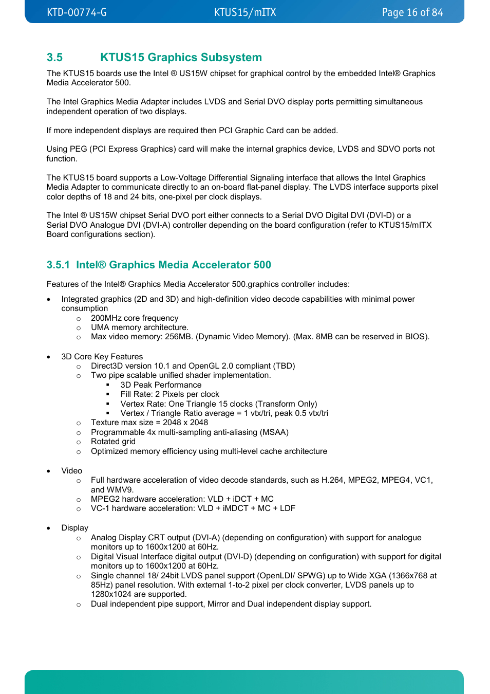 5 ktus15 graphics subsystem, 1 intel® graphics media accelerator 500, Ktus15 graphics subsystem | Intel® graphics media accelerator 500 | Kontron KTUS15-mITX - 1.1 Basic User Manual | Page 16 / 84