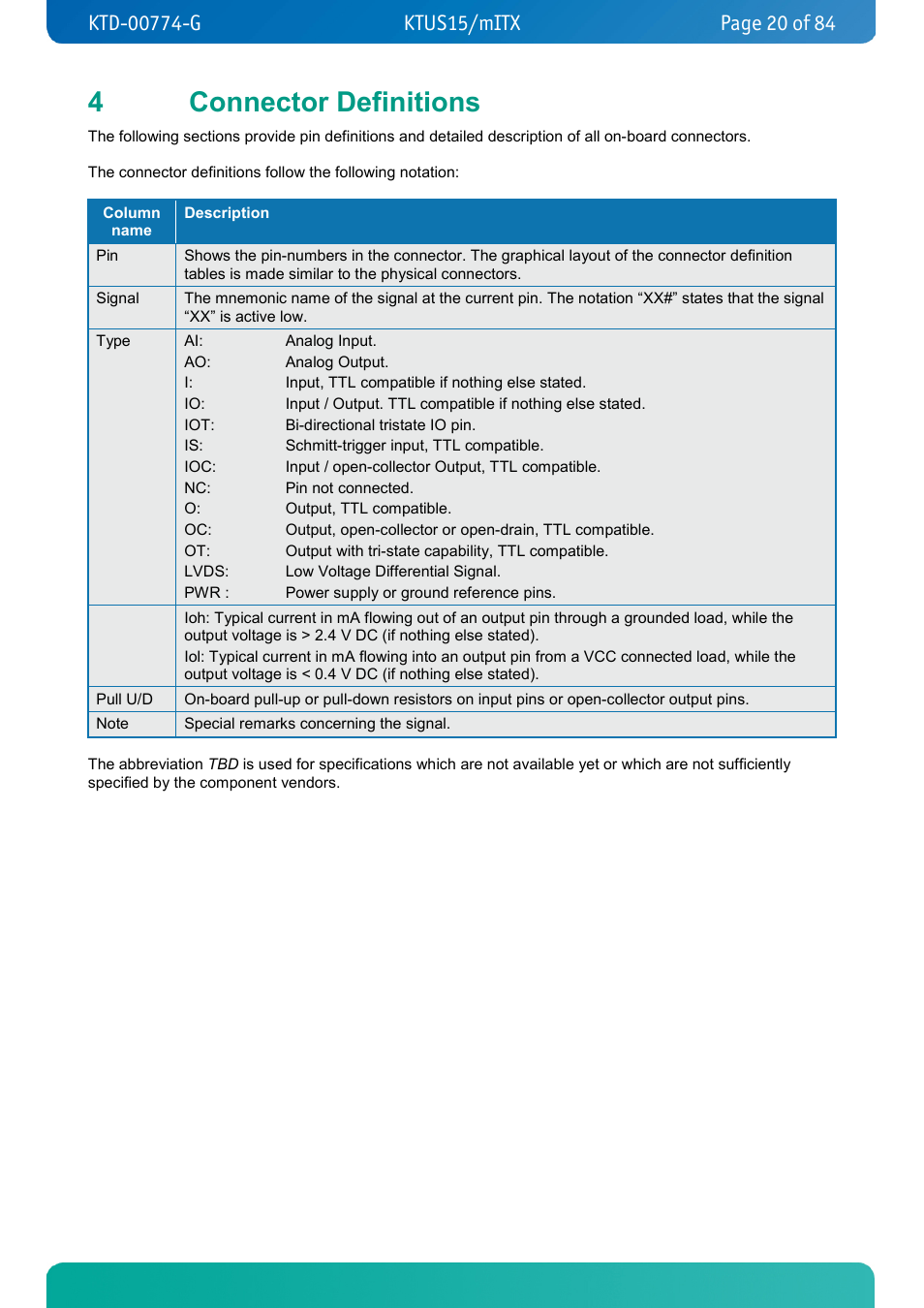 4 connector definitions, Connector definitions, 4connector definitions | Kontron KTUS15-mITX - 1.1 Basic User Manual | Page 20 / 84