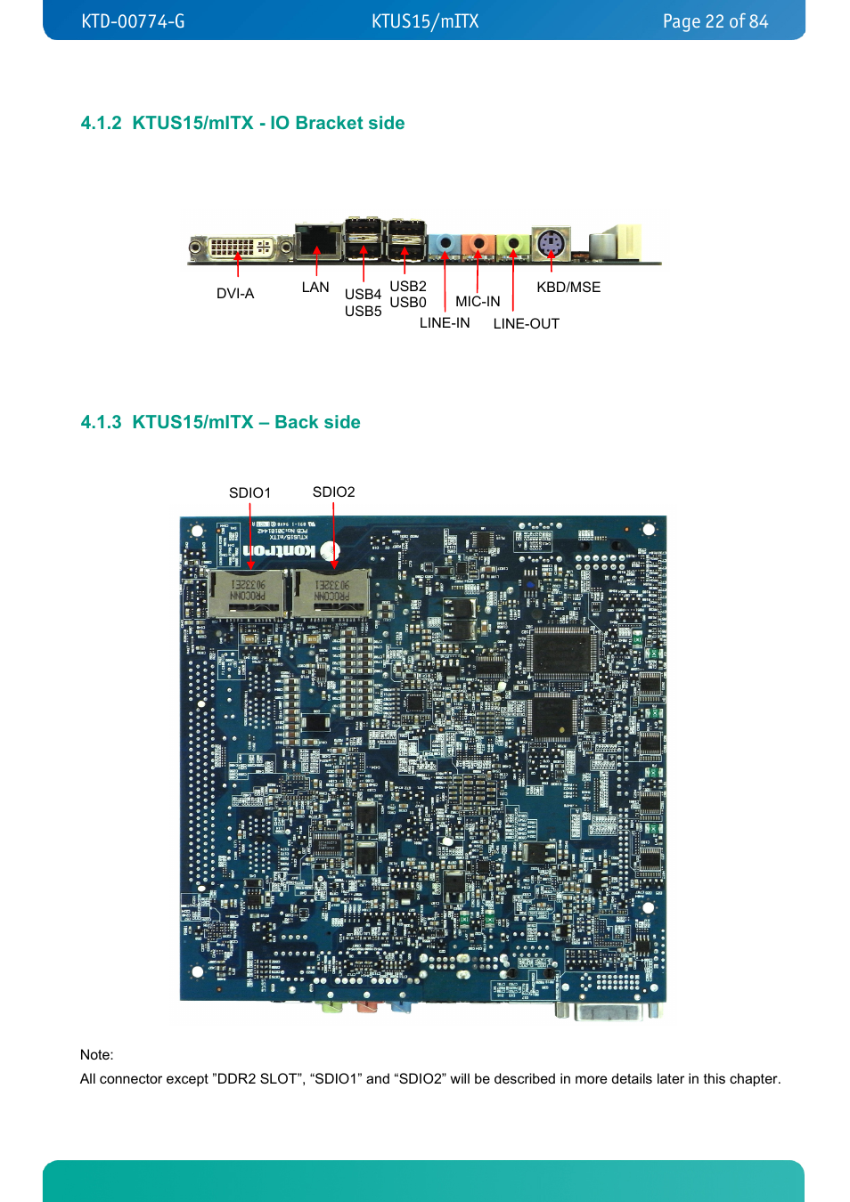 2 ktus15/mitx - io bracket side, 3 ktus15/mitx – back side, Ktus15/mitx - io bracket side | Ktus15/mitx – back side | Kontron KTUS15-mITX - 1.1 Basic User Manual | Page 22 / 84