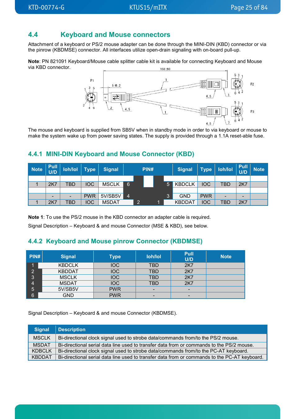 4 keyboard and mouse connectors, 1 mini-din keyboard and mouse connector (kbd), 2 keyboard and mouse pinrow connector (kbdmse) | Keyboard and mouse connectors, Mini-din keyboard and mouse connector (kbd), Keyboard and mouse pinrow connector (kbdmse) | Kontron KTUS15-mITX - 1.1 Basic User Manual | Page 25 / 84