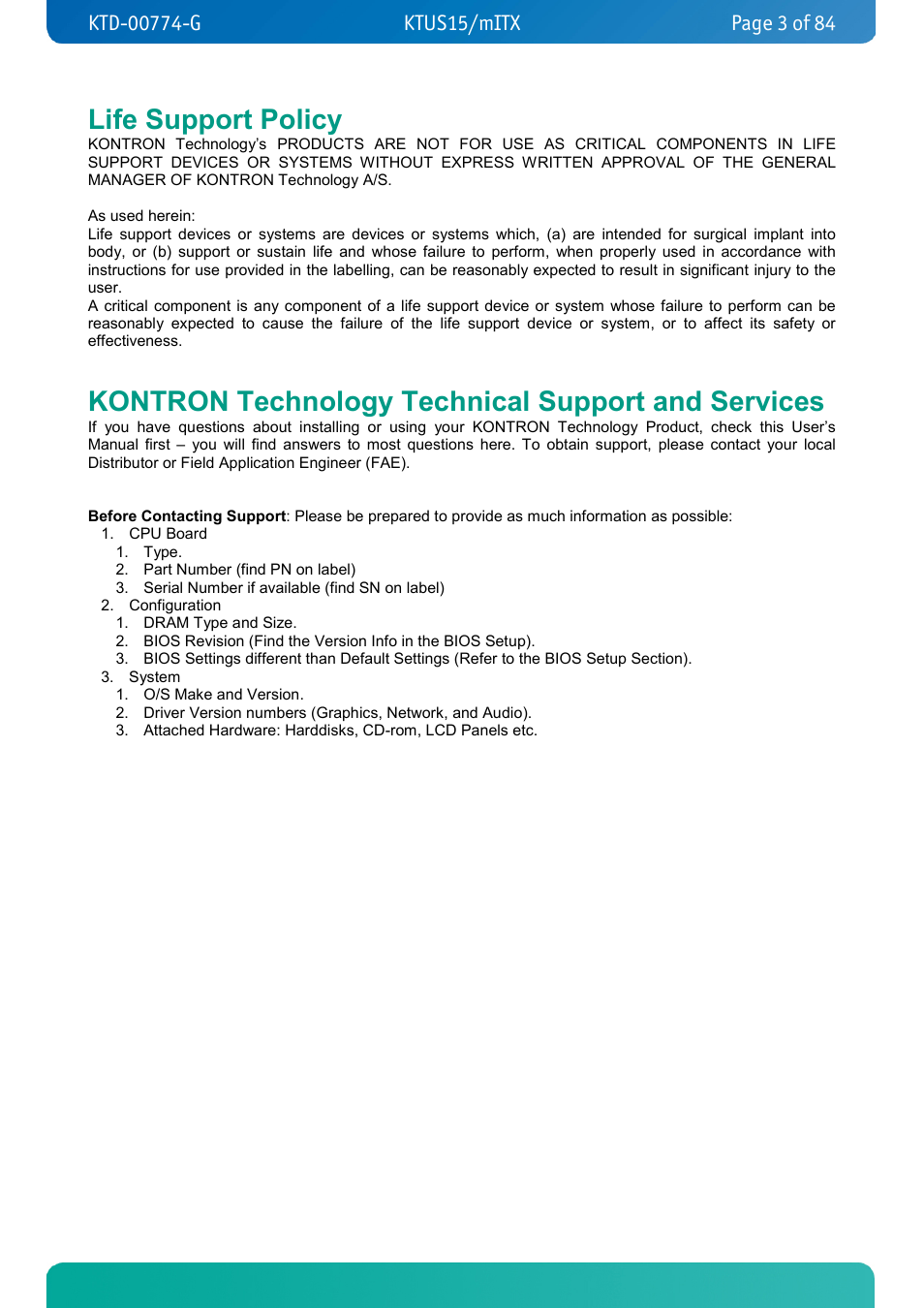 Life support policy, Kontron technology technical support and services | Kontron KTUS15-mITX - 1.1 Basic User Manual | Page 3 / 84