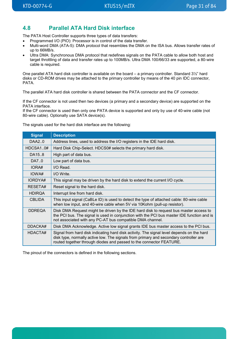 8 parallel ata hard disk interface, Parallel ata hard disk interface | Kontron KTUS15-mITX - 1.1 Basic User Manual | Page 31 / 84