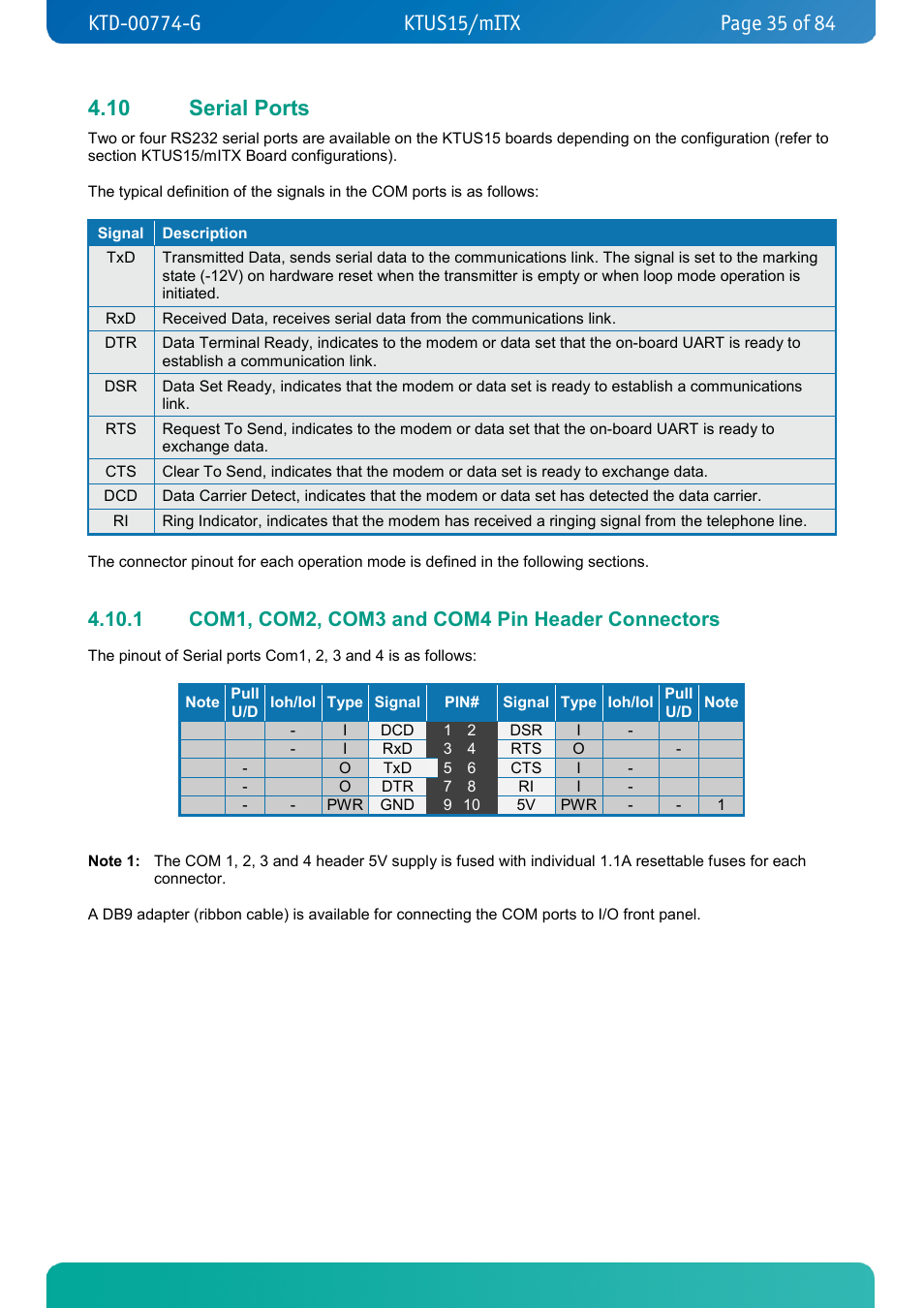 10 serial ports, 1 com1, com2, com3 and com4 pin header connectors, Serial ports | Com1, com2, com3 and com4 pin header connectors | Kontron KTUS15-mITX - 1.1 Basic User Manual | Page 35 / 84
