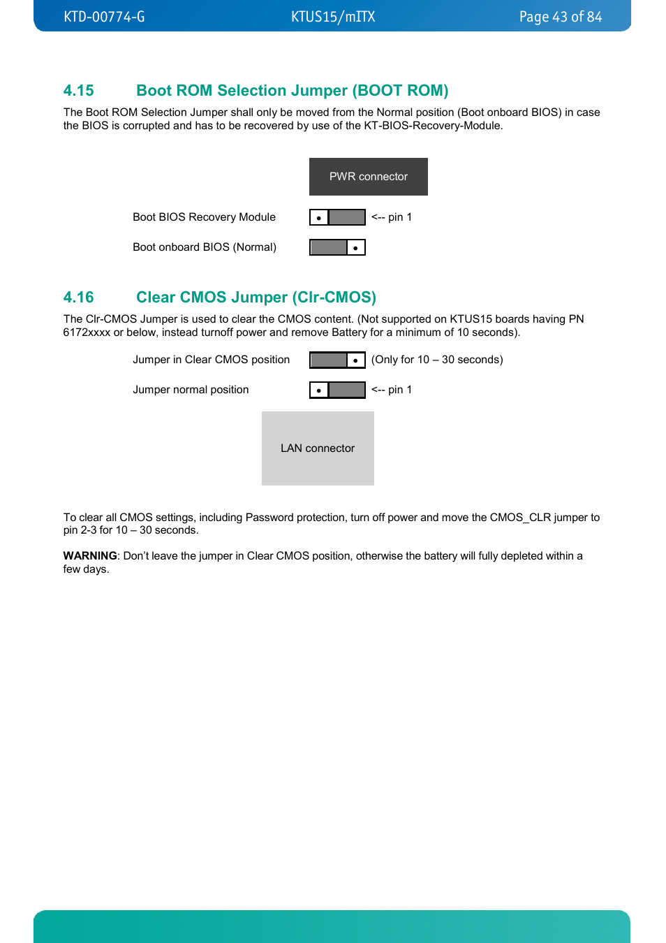 15 boot rom selection jumper (boot rom), 16 clear cmos jumper (clr-cmos), Boot rom selection jumper (boot rom) | Clear cmos jumper (clr-cmos) | Kontron KTUS15-mITX - 1.1 Basic User Manual | Page 43 / 84