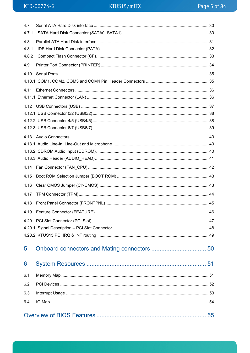 Onboard connectors and mating connectors, System resources, Overview of bios features | Kontron KTUS15-mITX - 1.1 Basic User Manual | Page 5 / 84