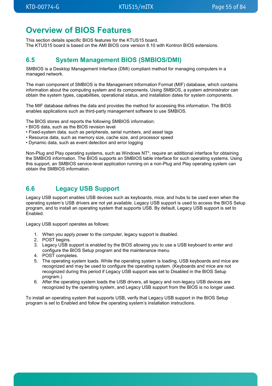Overview of bios features, 5 system management bios (smbios/dmi), 6 legacy usb support | System management bios (smbios/dmi), Legacy usb support | Kontron KTUS15-mITX - 1.1 Basic User Manual | Page 55 / 84