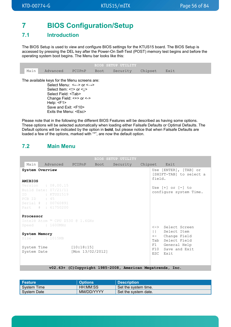 7 bios configuration/setup, 1 introduction, 2 main menu | Bios configuration/setup, Introduction, Main menu, 7bios configuration/setup | Kontron KTUS15-mITX - 1.1 Basic User Manual | Page 56 / 84