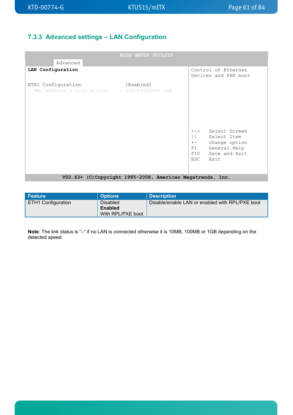 3 advanced settings – lan configuration, Advanced settings – lan configuration | Kontron KTUS15-mITX - 1.1 Basic User Manual | Page 61 / 84