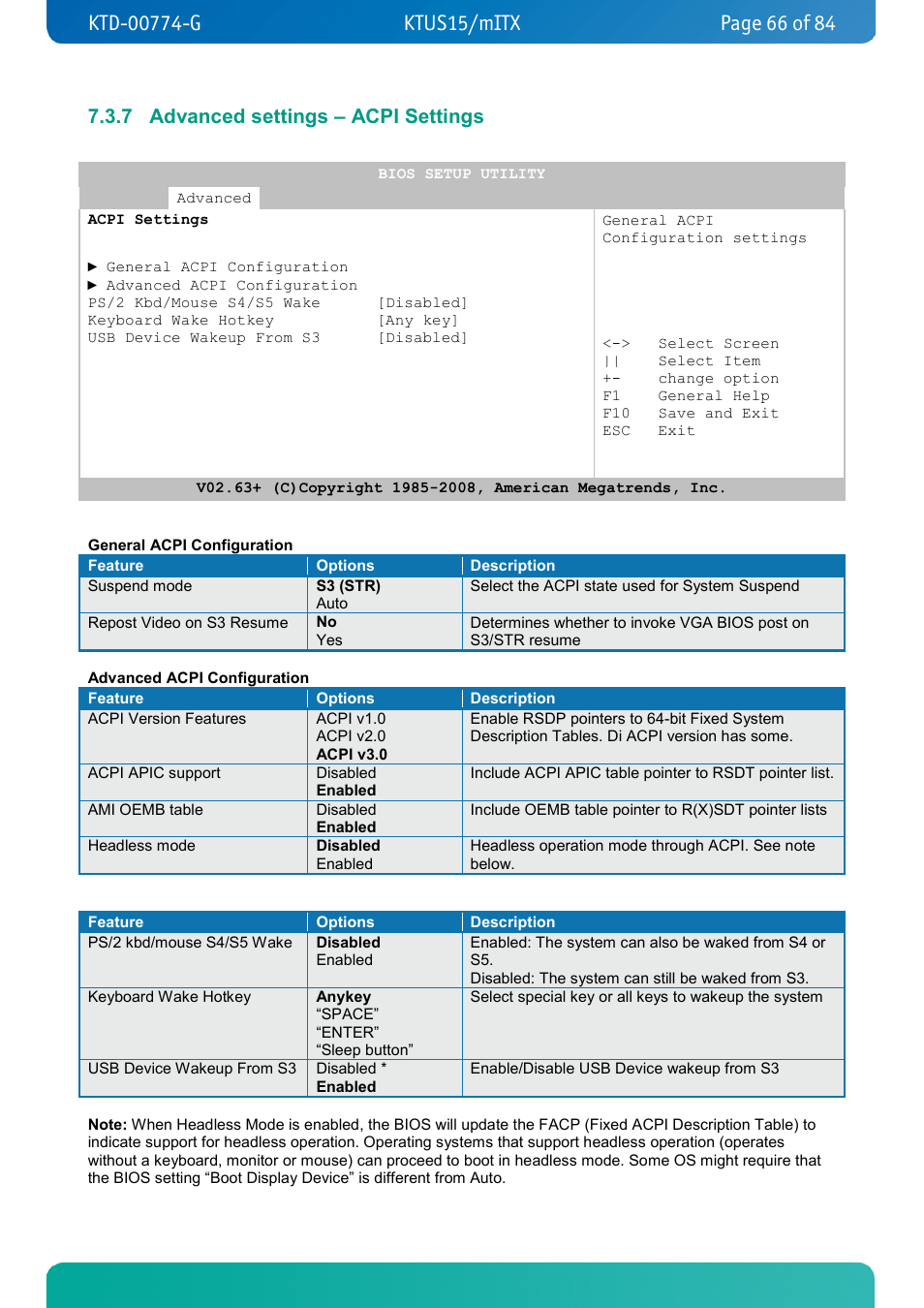 7 advanced settings – acpi settings, Advanced settings – acpi settings | Kontron KTUS15-mITX - 1.1 Basic User Manual | Page 66 / 84