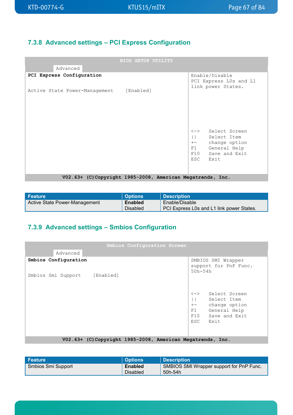 8 advanced settings – pci express configuration, 9 advanced settings – smbios configuration, Advanced settings – pci express configuration | Advanced settings – smbios configuration | Kontron KTUS15-mITX - 1.1 Basic User Manual | Page 67 / 84