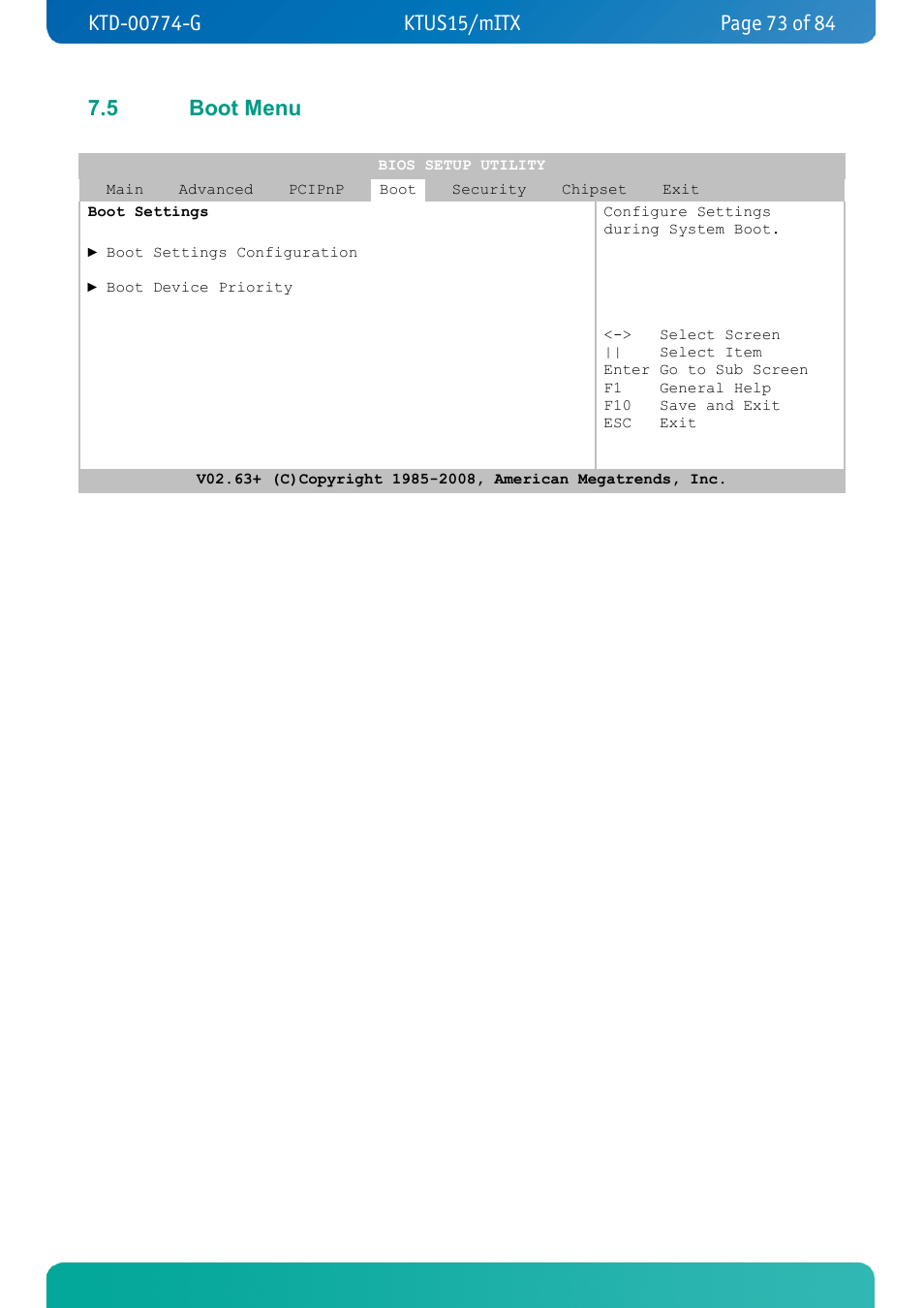 5 boot menu, Boot menu | Kontron KTUS15-mITX - 1.1 Basic User Manual | Page 73 / 84