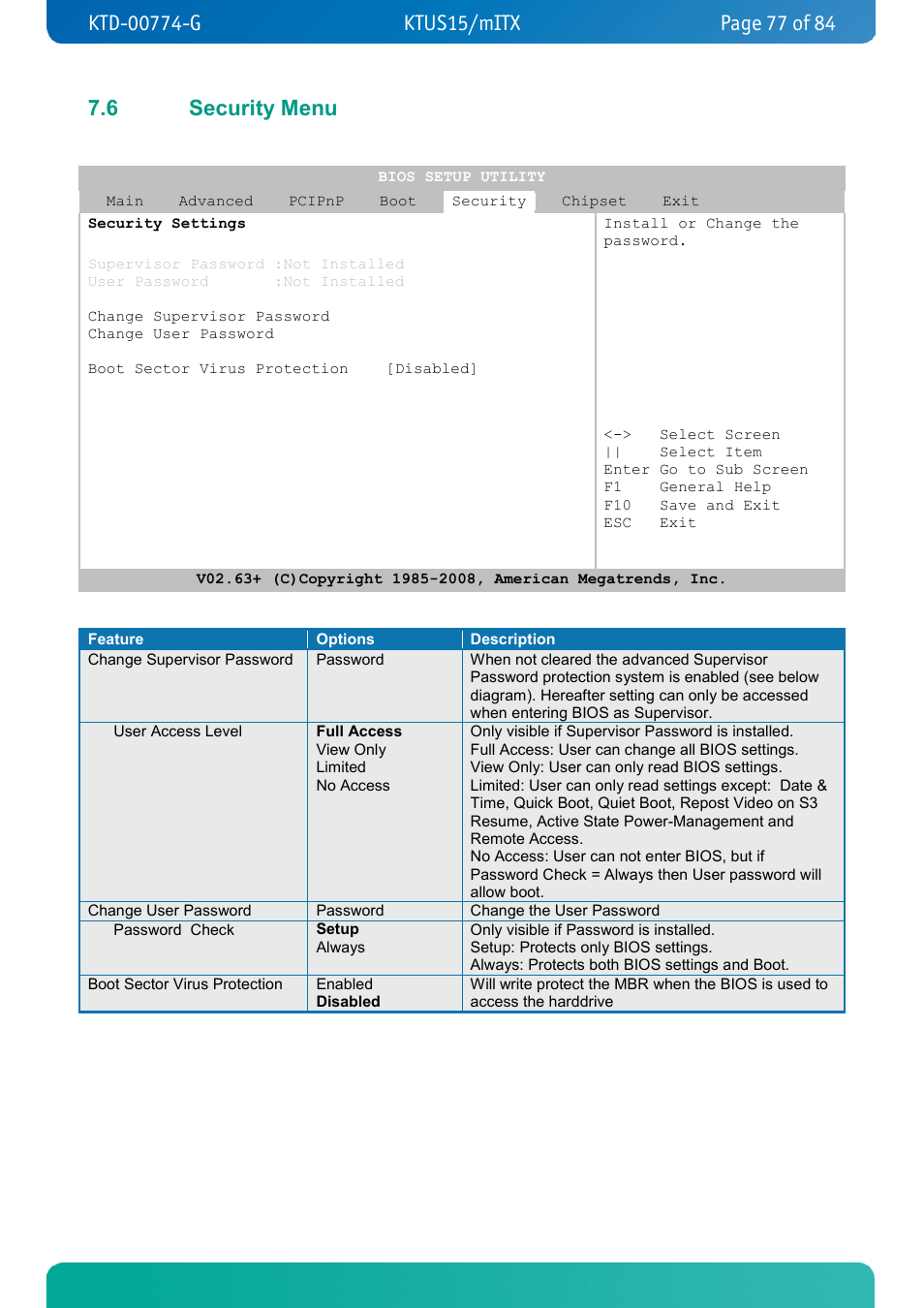 6 security menu, Security menu | Kontron KTUS15-mITX - 1.1 Basic User Manual | Page 77 / 84