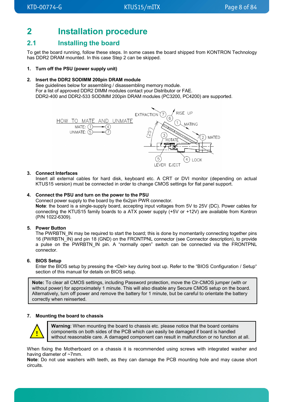 2 installation procedure, 1 installing the board, Installation procedure | Installing the board, 2installation procedure | Kontron KTUS15-mITX - 1.1 Basic User Manual | Page 8 / 84